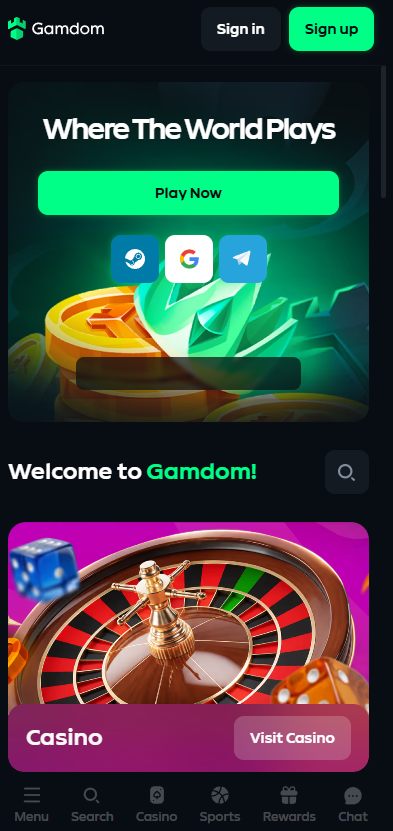 Gamdom mobile website homepage