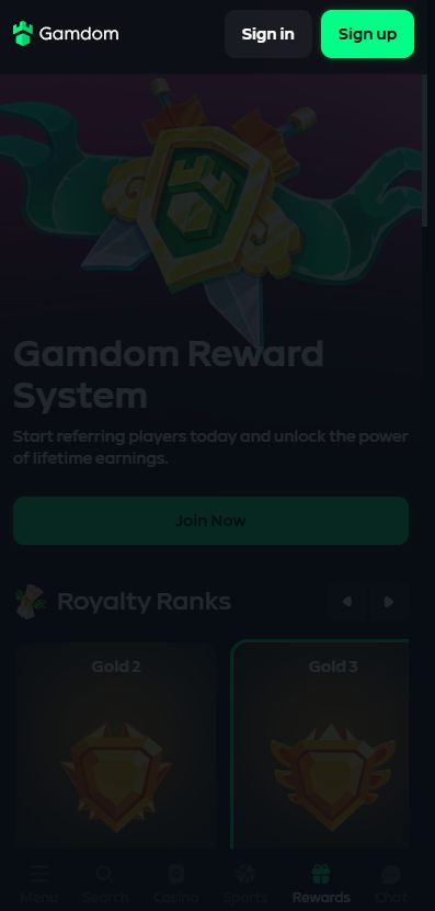 Gamdom mobile navigation menu